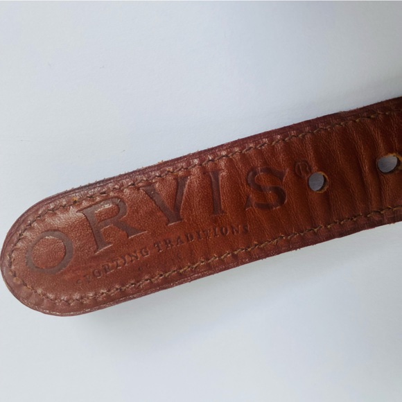 Mens Orvis belt size 42” fabric and leather belt brass buckle khaki and brown - Picture 8 of 11